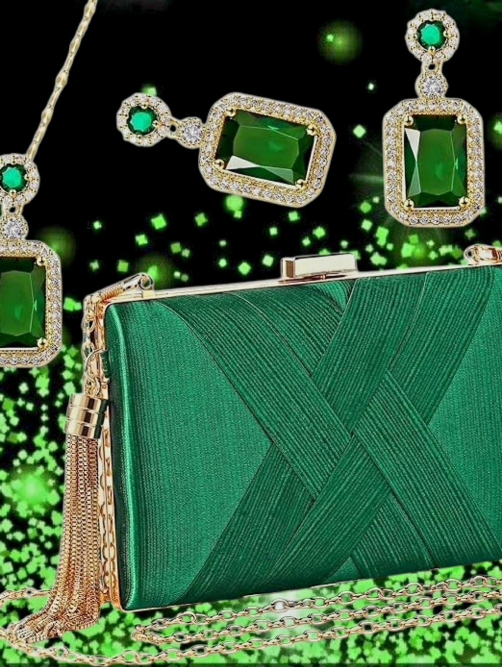 Elegant Green & Gold Purse Necklace & Earrings Set